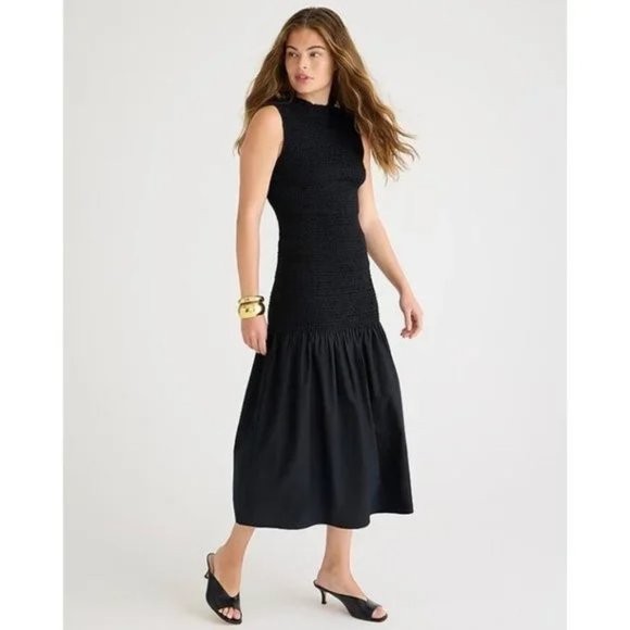J Crew Smocked Drop-waist Midi dress cotton poplin Black - Picture 1 of 5